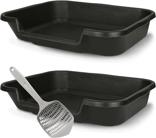 KittyGoHere Senior Cat Litter Box 2 Pack, Large Black Low Entrance Kitty Litter Box, Sized for Cats Comfort, Perfect for Senior and Arthritic Cats, Made in USA – Includes Long-Handle Jumbo Scoop