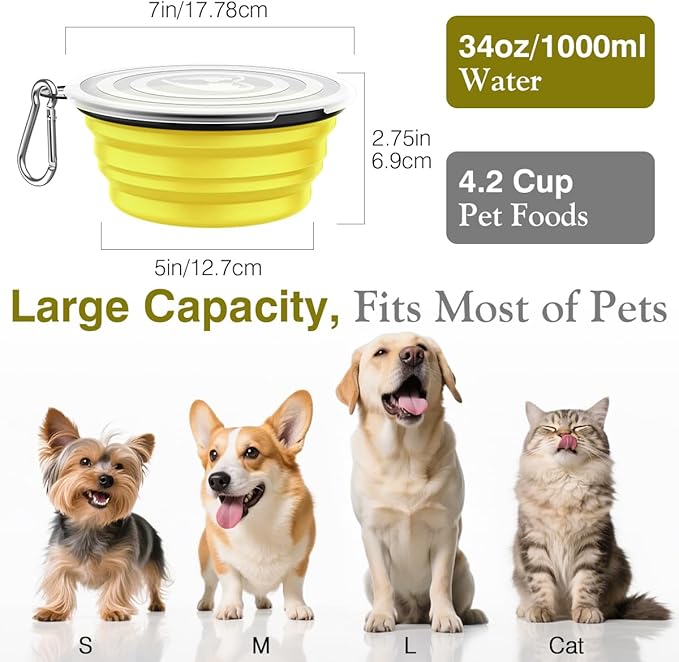 Pawaboo Collapsible Dog Bowls 2 Pack, Silicone Feeding Watering Bowls with Lids & Carabiners for Dogs Cats, Portable Water Feeder Food Bowl for Walking Traveling Home Use, 1000ml, Yellow + Black