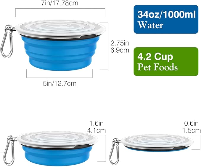 Pawaboo Collapsible Dog Bowls 2 Pack, Silicone Feeding Watering Bowls with Lids & Carabiners for Dogs Cats, Portable Water Feeder Food Bowl for Walking Traveling Home Use, 1000ml, Blue + Green