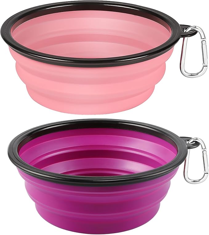 Kytely Large Collapsible Dog Bowls 2 Pack, 34oz Foldable Dog Travel Bowl, Portable Pet Water Food Bowl with Clasp, Pet Cat Feeding Cup Dish for Traveling, Walking, Hiking (Pink+Purple)