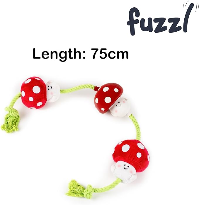 Tugga Magic Shrooms Dog Toy 75cm - Rope Latex and Plush Dog and Puppy Throw Fetch and Tug with Squeaker Mushrooms Enrichment