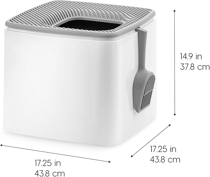 IRIS USA Top-Entry Litter Box with Scoop, Enclosed Square Style Litterbox with Odor Control, Easy to Clean for Cats, Covered Dog Proof Litter Box Design, White/Gray