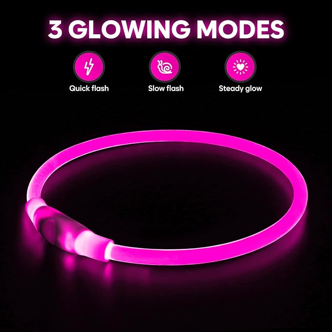 HIGO LED Dog Collar, USB Rechargeable Light Up Dog Collars Glow in The Dark, Waterproof LED Dog Necklace for Your Dogs Walking at Night (Pink)