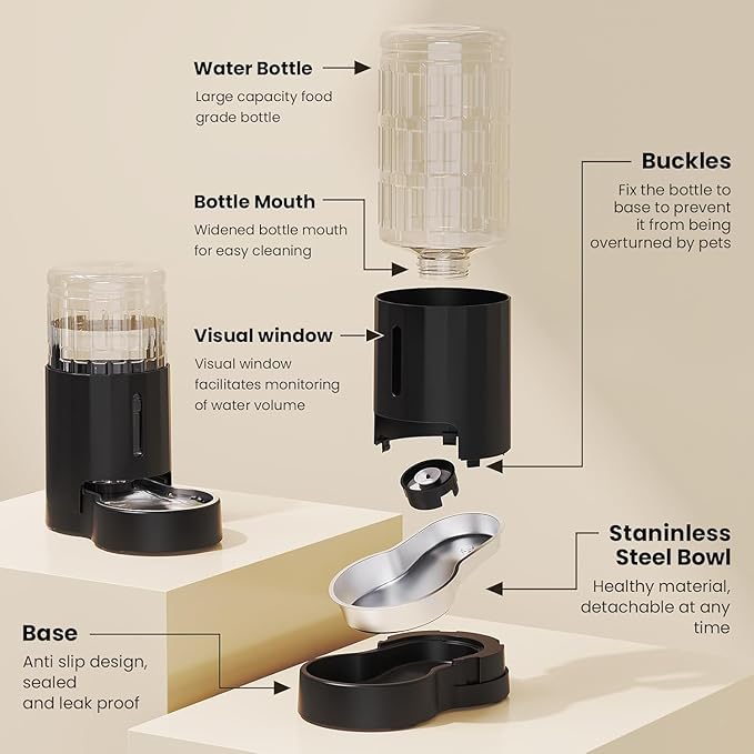 CZPET Automatic 4L/135Oz/1Gal Cat Water Dispenser with Stainless Steel Bowl, Gravity Waterer for Small Medium Dog Puppy Kitten (Black)