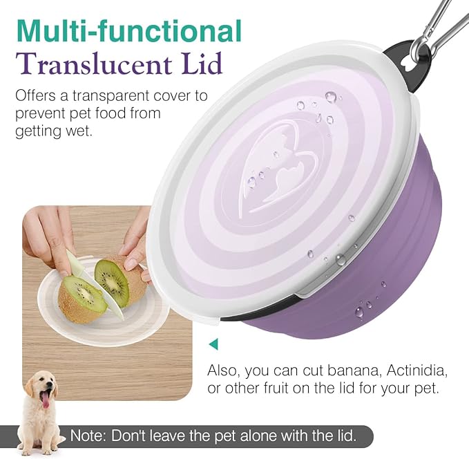 Pawaboo Collapsible Dog Bowls 2 Pack, Silicone Feeding Watering Bowls with Lids & Carabiners for Dogs Cats, Portable Collapsable Water Feeder Food Bowl for Walking Traveling Home Use, VioletTurquoise