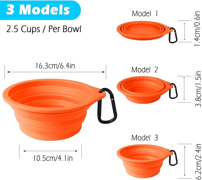 PetBonus 2-Pack Silicone Collapsible Dog Bowls, BPA Free Dishwasher Safe, Portable Foldable Expandable Travel Bowl, Food Water Feeding Cup Dish for Dogs Cats with 2 Carabiners (Green, Orange)