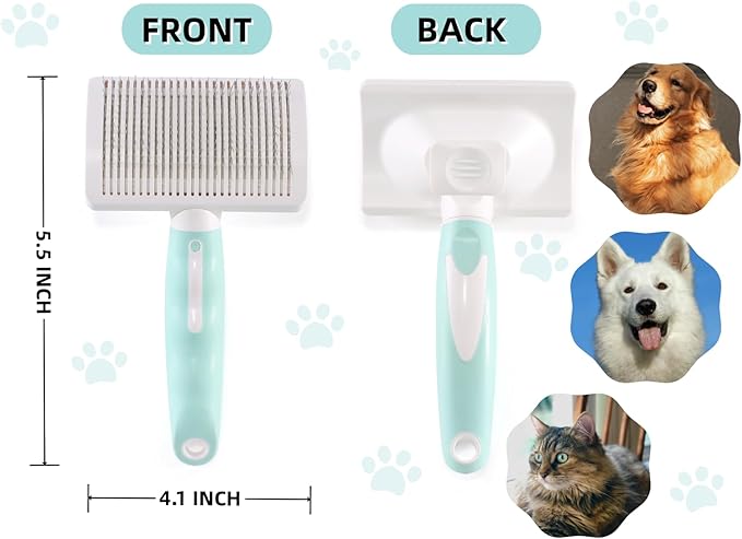 Dog Self-Cleaning Slicker Brush with One Button Fur Removal Deshedding Brush for Dogs and Cats with Long Hair for Shedding Massaging Grooming Green