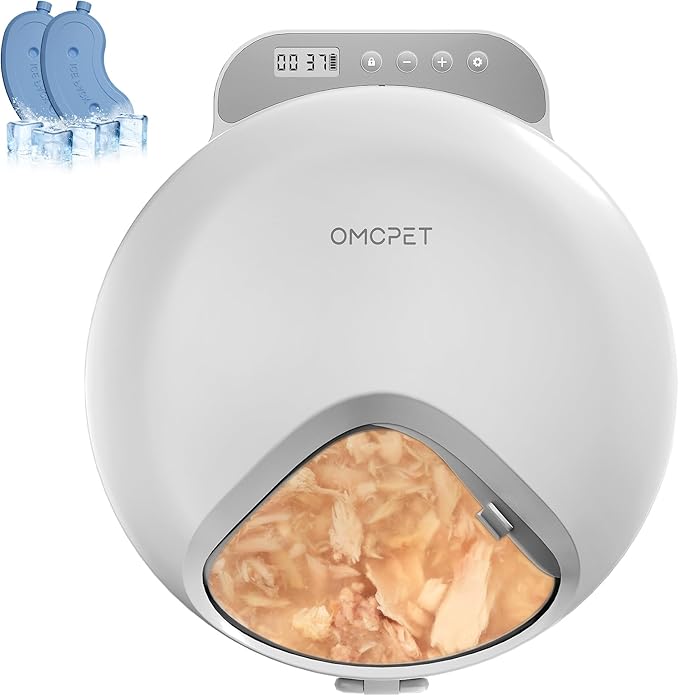 Automatic Cat Feeder Wet Food, Whisker-Friendly Automatic Cat Food Dispenser True 4-Meal Design with Locking Lid, Smart Timer Feeder for Wet Cat/Dog ,2-Ice Packs, Easy to Clean (White-1)
