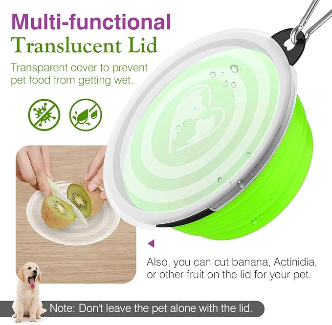 Pawaboo Collapsible Dog Bowls 2 Pack, Silicone Feeding Watering Bowls with Lids & Carabiners for Dogs Cats, Portable Water Feeder Food Bowl for Walking Traveling Home Use, 1000ml, Pink + Green