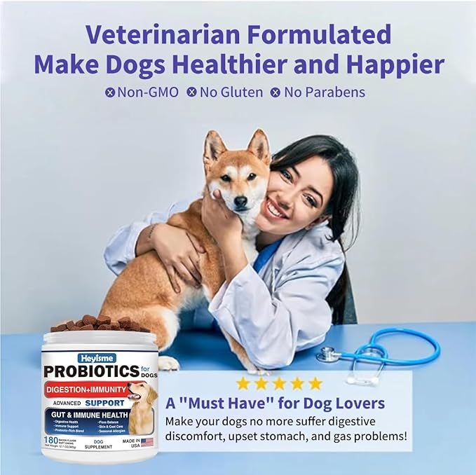 Probiotics for Dogs, Improve Yeast Balance, Itchy Skin Itchy Ears, Gut Health, Allergies, Immunity, Dog Probiotics and Digestive Enzymes with Prebiotics - Reduce Diarrhea (180 Chews, Bacon)