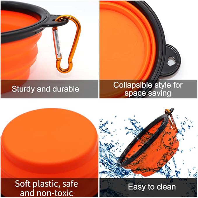SLSON Collapsible Dog Bowls, 2 Pack, Portable Pet Feeding Watering Dish for Traveling with Carabiners (Small, Orange+Pink)