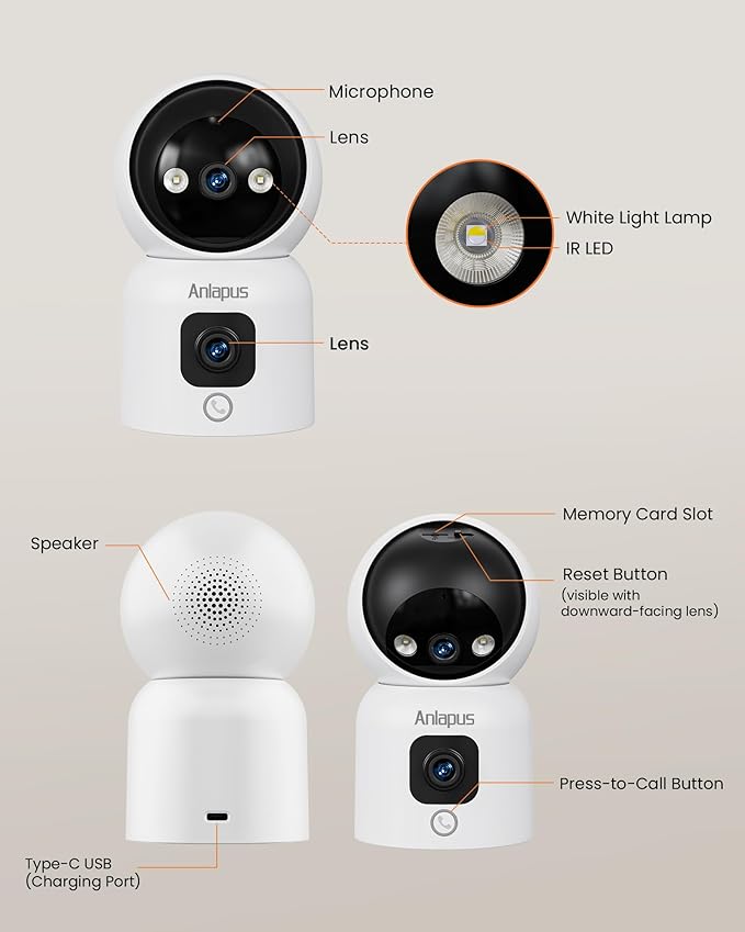 Anlapus 2 x C528 4MP Dual Lens(2MP+2MP) Indoor Security Camera, Motion Detect, Auto Track, Plug-in, 360° WiFi Pan/Tilt Camera, 2.4GHz WiFi, Two-Way Talk, Light & Siren Alert, Memory Card Not Include