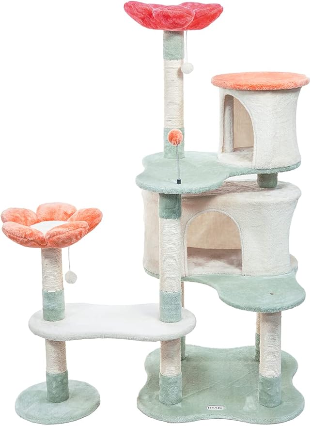 HYABi 56.3in Flower Design Cat Tree, Foldable Multi-Level Tower for Large Cats, Space-Saving Cat Furniture with Scratching Posts, Plush Condo for Indoor Cats