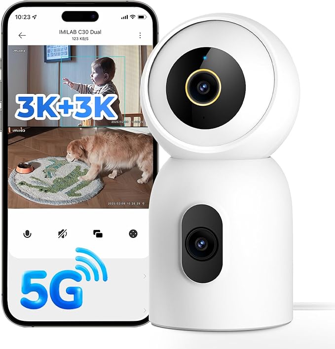 IMILAB C30 Dual Lens Security Camera Indoor, 3K+3K Baby Monitor 360° View Dog Camera w/Phone App, 5G WiFi Room Cam for Bedroom, Cry/Pet/Smoke/Fire Detection, Wall/Room Mount, Plug in, Easy Setup.