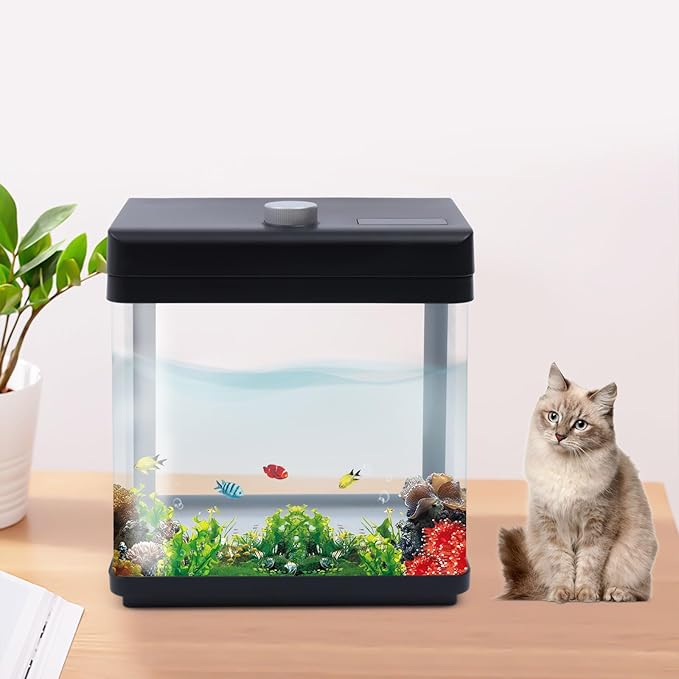 1.5 Gallon Fish Tank Starter Kits, Low Noise Betta Fish Tank with Fil-TER LED Light Submersible Pu-mp, Glass Small Fish Tank Smart Aquarium kit with Dimmer Button Water Temperature Display