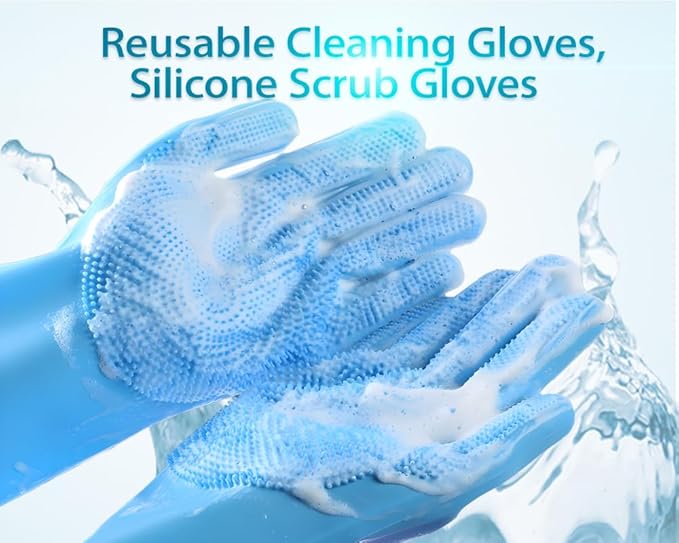 1 pairs Silicone Dishwashing & Pet Grooming Gloves - 2-in-1 Heat Resistant Gloves with High-Density Teeth, Enhanced Five Finger Design for Bathing, Cleaning Dishes, Cars, Dogs & Cats (Blue)