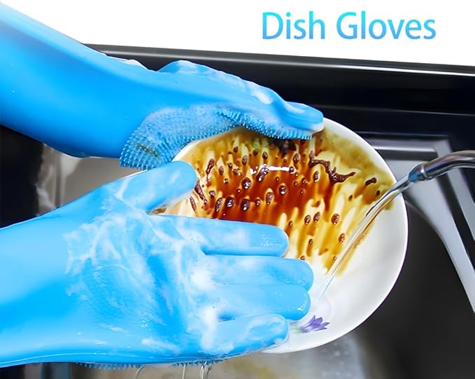 1 pairs Silicone Dishwashing & Pet Grooming Gloves - 2-in-1 Heat Resistant Gloves with High-Density Teeth, Enhanced Five Finger Design for Bathing, Cleaning Dishes, Cars, Dogs & Cats (Blue)