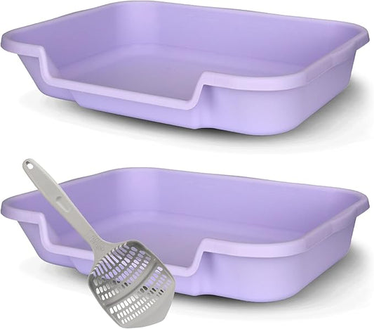 KittyGoHere Senior Cat Litter Box 2 Pack, Large Storybook Lavender Low Entrance Kitty Litter Box, Sized for Cats Comfort, Perfect for Senior & Arthritic Cats, Made in USA, With Long-handle Jumbo Scoop