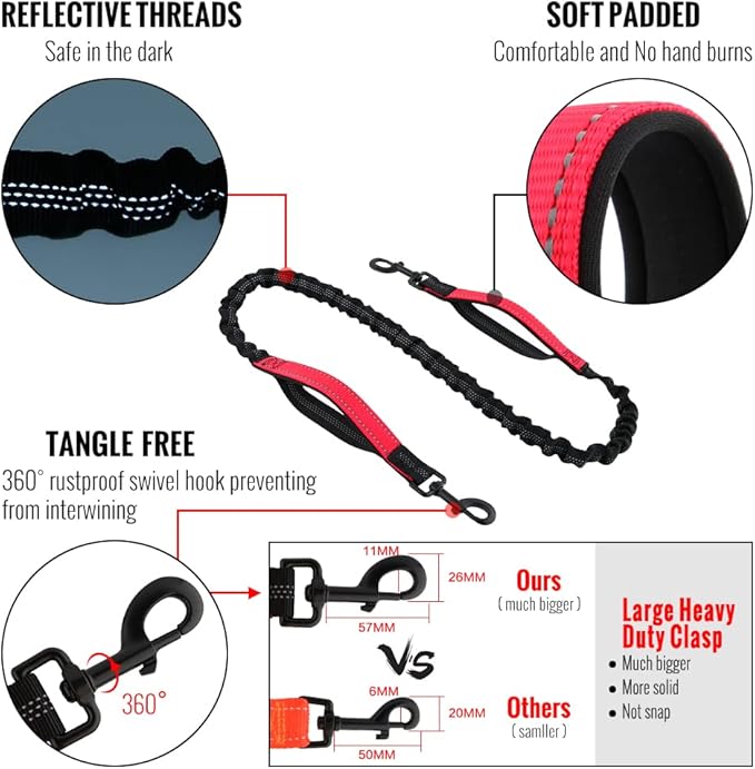 Plutus Pet Hands Free Dog Leash, Soft Padded Dual Handle Retractable Bungee Leash with Reflective Stitches, Adjustable Wasit Leash for Dog Walking Running Jogging, for Medium Large Dogs