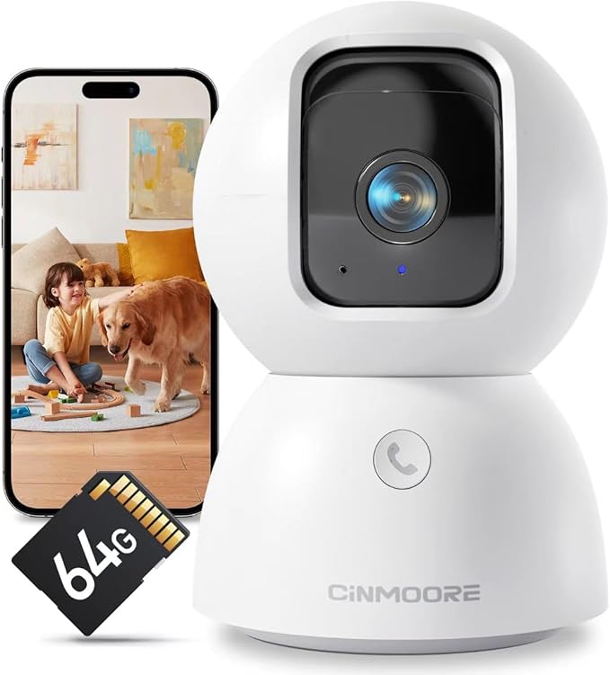 3K Smart Security Camera Indoor with 64GB SD Card,No Monthly Fee,Elderly/Baby Monitor Pet Camera, 360° View, Color Night Vision, AI Motion Tracking, 2-Way Talk,WiFi 6,Cloud Storage Option