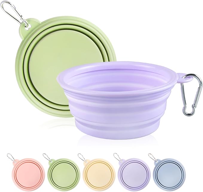 Collapsible Dog Bowls 2-Pack, Portable Travel Dog Bowl with Carabiner, Food-Grade Silicone Pet Bowl for Hiking, Walking(Macaron Violet and Green)