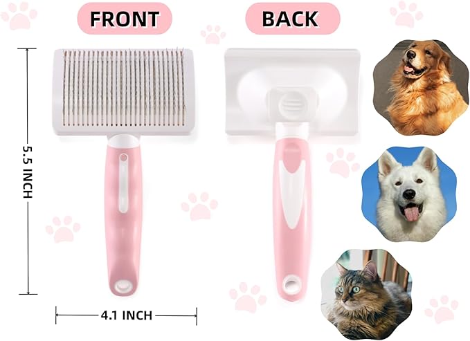 Dog Self Cleaning Slicker Brush with One Button Fur Removal Deshedding Brush for Dogs and Cats with Long Hair for Shedding Massaging Grooming Pink
