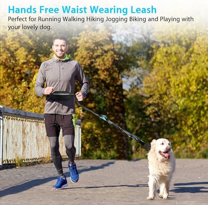 Hands Free Dog Running Leash with Adjustable Waist Belt, Dual Handle Elastic Bungees Retractable Rope for Medium and Large Dogs, Reflective Stitches for Walking Hiking Biking (Large, 25-120lb)