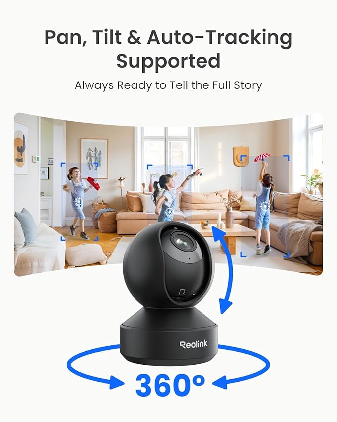 REOLINK Smart 4K UHD Pan & Tilt Dual-Band Wi-Fi 6 Indoor Security Camera with 3X Optical Zoom, Auto-Tracking, People/Pet Detection, Crying Sound Detection, Privacy Mode, Bluetooth Setup, E1 Zoom-Black