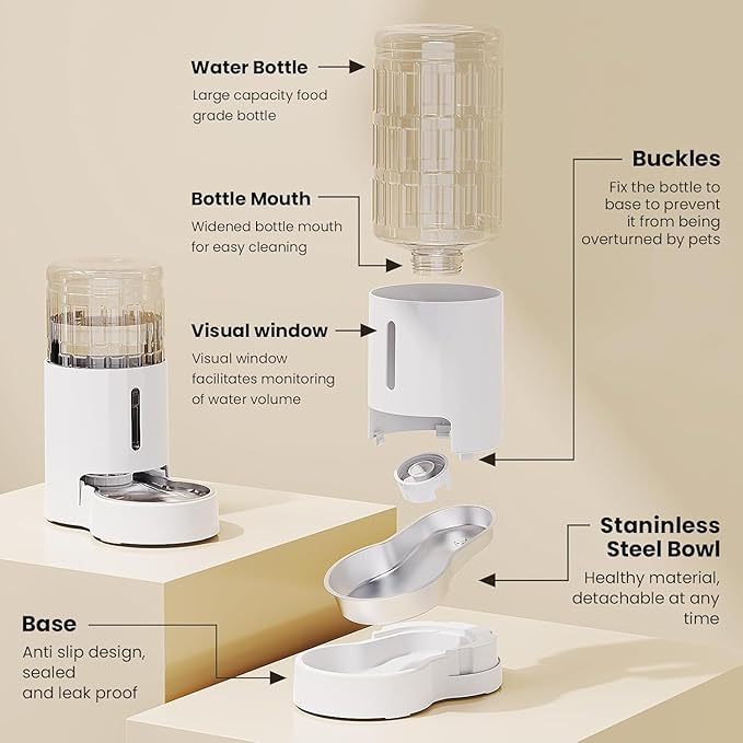 CZPET Automatic 4L/135Oz/1Gal Cat Water Dispenser with Stainless Steel Bowl, Gravity Waterer for Small Medium Dog Puppy Kitten (White)