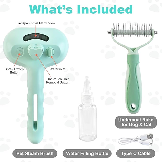 3-in-1 Pet Steam Brush for Dog Cat,Double-Sided Undercoat Rake for Shedding & Grooming,Spray Pet Hair Removal & Deshedding Dematting Comb for Long Short Haired,2 PCS