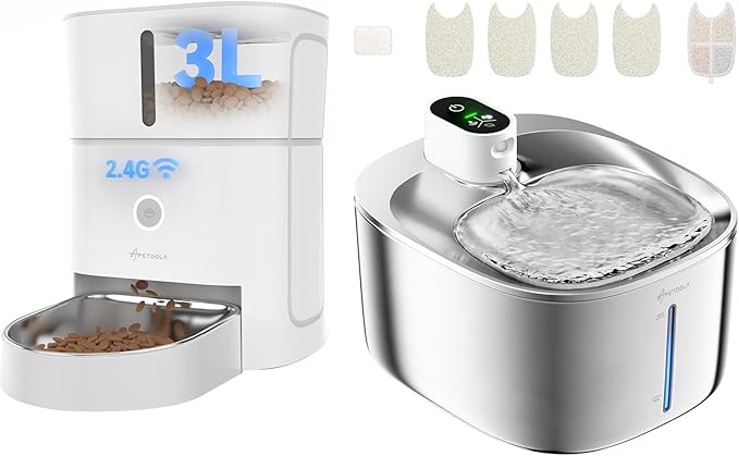 Cordless Cat Water Fountain Stainless Steel 4.5L +3L Automatic Cat Feeder, 5G & 2.4G Wi-Fi Cat Food Dispenser Pet Feeder Set, Pet Dry Food, 1-10 Meals Per Day