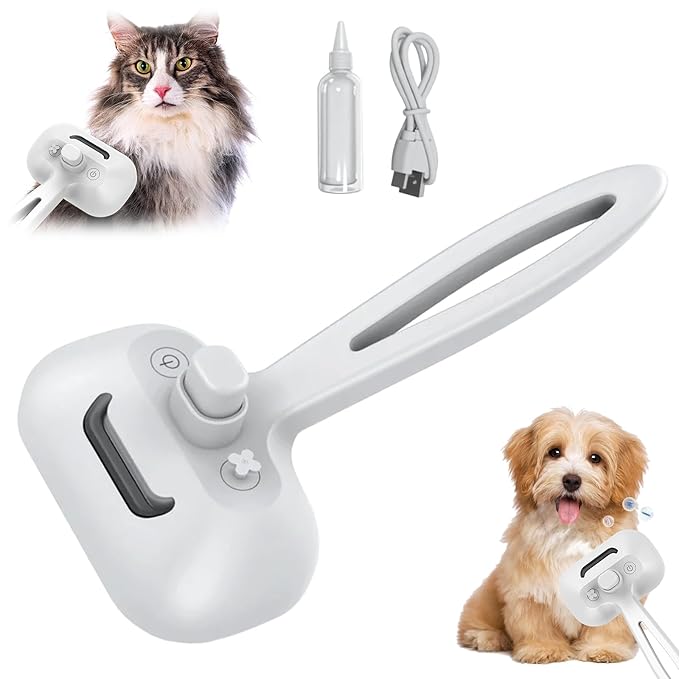 Comb for Cats Dogs, Cat Steam Brush, 3-in-1 Spray Hair Removal Comb for Shedding & Grooming, Effective Pet Brush for Indoor Cats (White-)