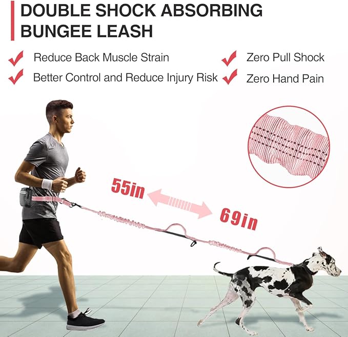 Kytely Hands Free Dog Leash with Zipper Pouch, Wide Padded Waist Dog Running Leash, Dual Padded Handles, Retractable Bungee for Walking Jogging Training Hiking