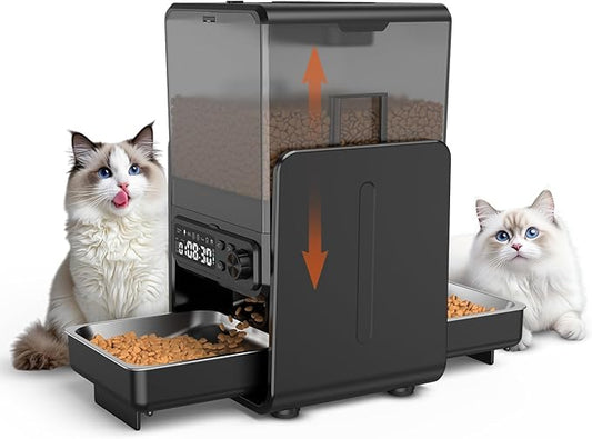Automatic Cat Feeder for 2 Cats, 5L/20 Cups Food Dispenser with Adjustable Raised Double Bowls, Detachable Control Panel, Timed Cat and Dogs Feeder for Dry Food, Dual Power Supply