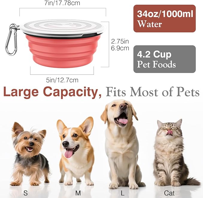 Pawaboo Collapsible Dog Bowls 2 Pack, Silicone Feeding Watering Bowls with Lids & Carabiners for Dogs Cats, Portable Water Feeder Food Bowl for Walking Traveling Home Use, 1000ml, Light Pink + Grey