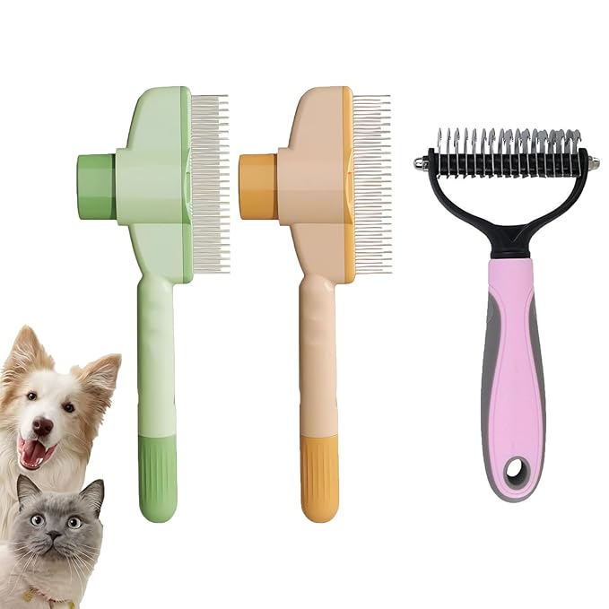 Brush For Cats 2pcs Pet Cats Dogs Brush Comb Flea Comb, With Long & Short Stainless Steel Metal Teeth Cat Combs for Indoor,for Shedding And Tangles, Self-Cleaning Pet Comb Comfort And Safety (3)