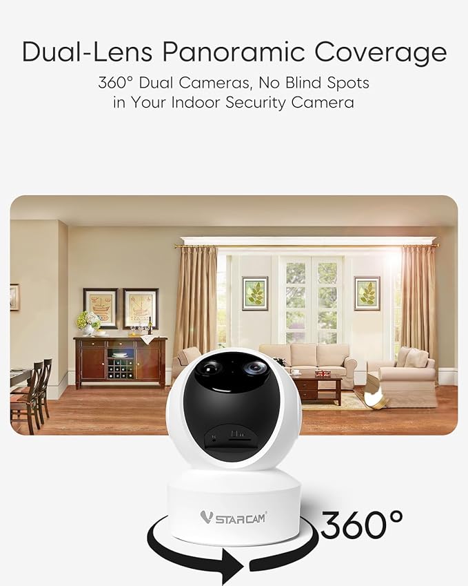 VSTARCAM Security Camera Indoor, Dual Cameras, 2K QHD Security Camera with 10× Zoom, 360° Camera, Baby Monitor, Pet Camera, Human/Pet Detection, AI Tracking, 2.4G Wi-Fi, 2-Way Audio, Plug in