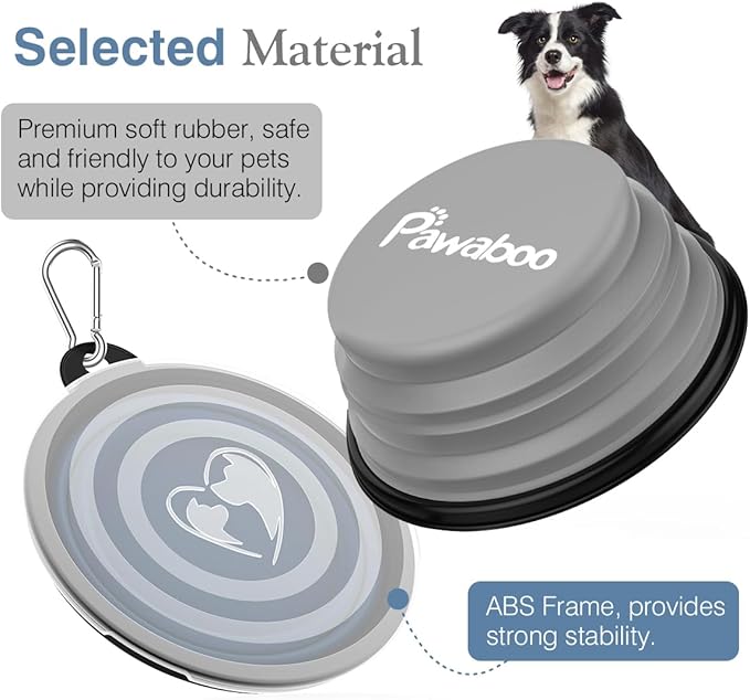 Pawaboo Collapsible Dog Bowls 2 Pack, Silicone Feeding Watering Bowls with Lids & Carabiners for Dogs Cats, Portable Water Feeder Food Bowl for Walking Traveling Home Use, 1000ml, Blue + Grey