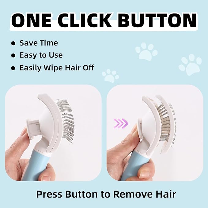 Dog Self-Cleaning Slicker Brush with One Button Fur Removal Deshedding Brush for Dogs and Cats with Medium or Long Hair Remove Loose Undercoat Blue