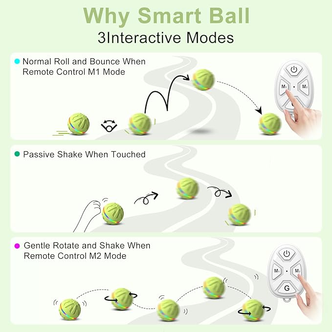 Dog Toys Dog Ball, Durable Motion Active Rolling Balls with Remote Control LED Light, Rubber Peppy Pet Balls for Medium Large Dogs, USB Rechargeable, 3.2-in Diameter (Green)