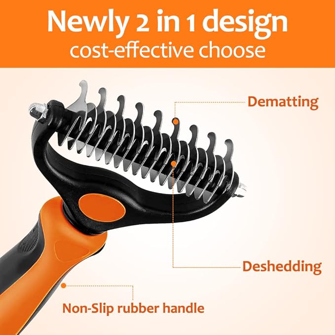 Undercoat Rake for Dogs, 2 in 1 Dematting Comb & Deshedding Tool for Long Hair Pets, Pet Hair Grooming Brush, Clear Mats and Tangles, Reduces Shedding by 95%