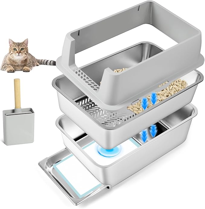 Stainless Steel Litter Box, 23.6" L x 15.7" W Drawer Type Semi-Enclosed Cat Litter Box with Sifting Pan, Scoop for Big Cat Easy Cleaning