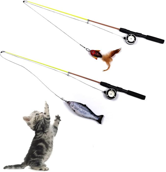 SILVERVINE Magic Cat Toy Wand with Fish – Interactive Cat Toys for Indoor Cats, Kittens & Bored Adults | Adjustable Fishing Pole Teaser with Feathers(Random Selection of 1 Out of 2)