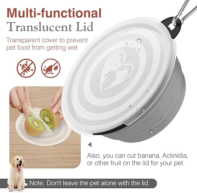 Pawaboo Collapsible Dog Bowls 2 Pack, Silicone Feeding Watering Bowls with Lids & Carabiners for Dogs Cats, Portable Water Feeder Food Bowl for Walking Traveling Home Use, Light Pink + Grey