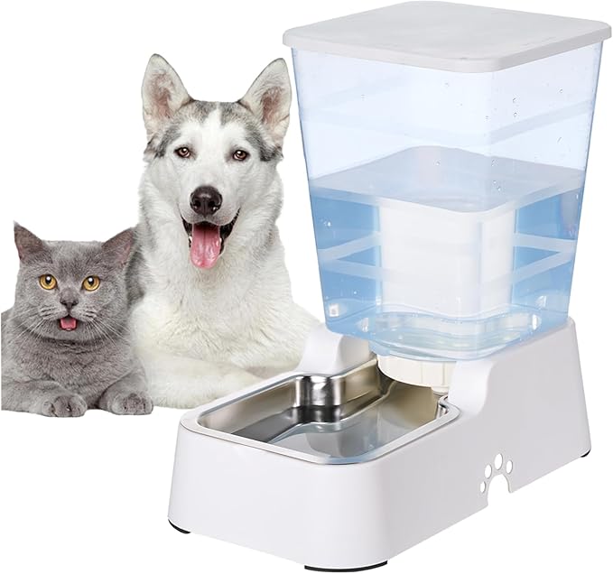 Automatic 5.4L/1.4Gal Pet Waterer, Pet Automatic Dog Water Dispenser Gravity Stainless Steel Water Feeder, Large Capacity Feeding Bowls for Cats and Medium & Large-Sized Dogs (White, Water)