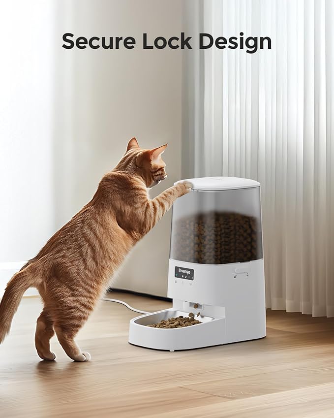 Cat Feeder Automatic - Cat Food Dispenser MeowServe S20, Auto Dog Feeder with Stainless Steel Bowl, 5L Pet Feeder with Patented Anti-Jam Port, App, Dual Lock Lid, Dual-Band WiFi & Power, White