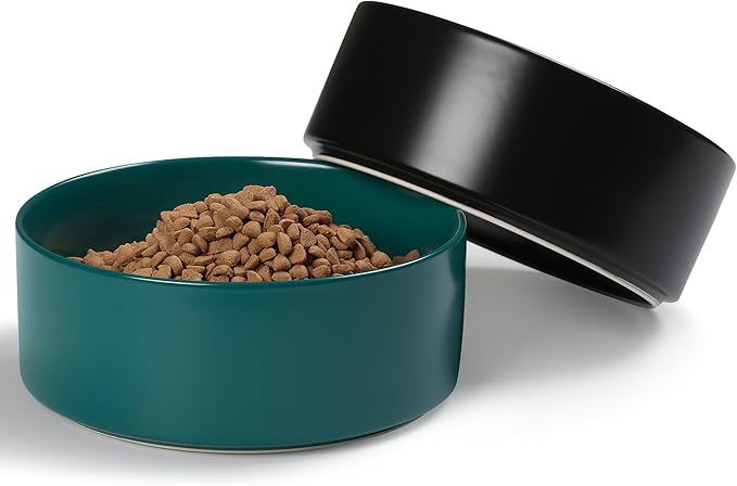 Large Dog Bowls, Non Slip Heavy Ceramic Dog Food and Water Bowl with White Silicone Base, 2 Pack Pet Feeding Bowls for Medium, Big and Giant Dogs (Black+Green, 8 Inches)