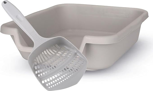 KittyGoHere Senior Cat Litter Box 1 Pack, Small Misty Gray Low Entrance Kitty Litter Box, Sized for Cats Comfort, Perfect for Senior and Arthritic Cats, Made in USA – Includes Long-Handle Jumbo Scoop