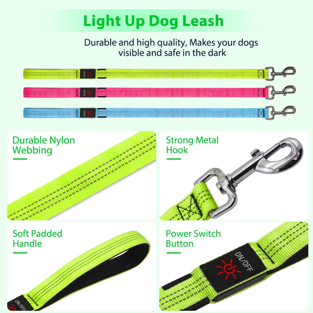 Candofly Light Up Dog Leash, Reachargeable Pet Leash with Light, 4 Ft Glowing Dog Rope Lead for Night Walking (Green)