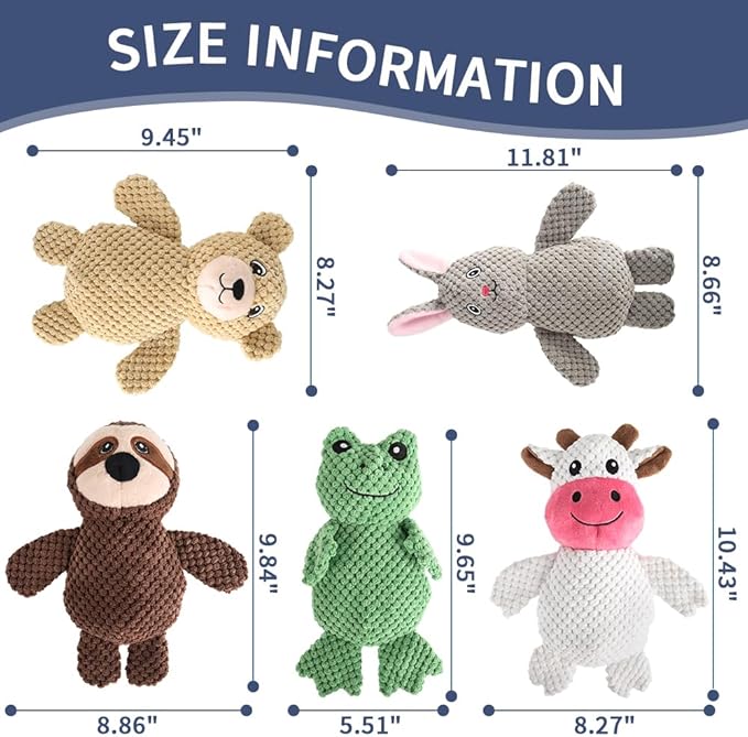 5-Pack Squeaky Dog Toys – Durable Animal-Shaped Plush Chew Toys for Dogs, Handmade Interactive Puppy Toys with Squeaker, Perfect for Reducing Destructive Behavior